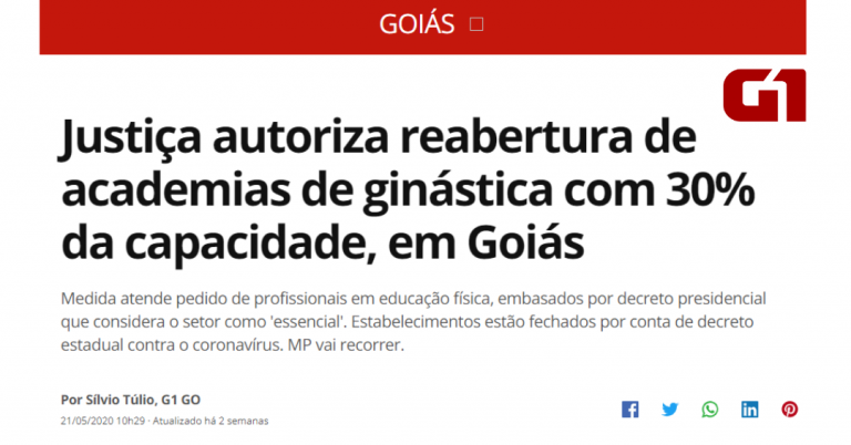 Justiça autoriza reabertura de academias de ginástica, em Goiás